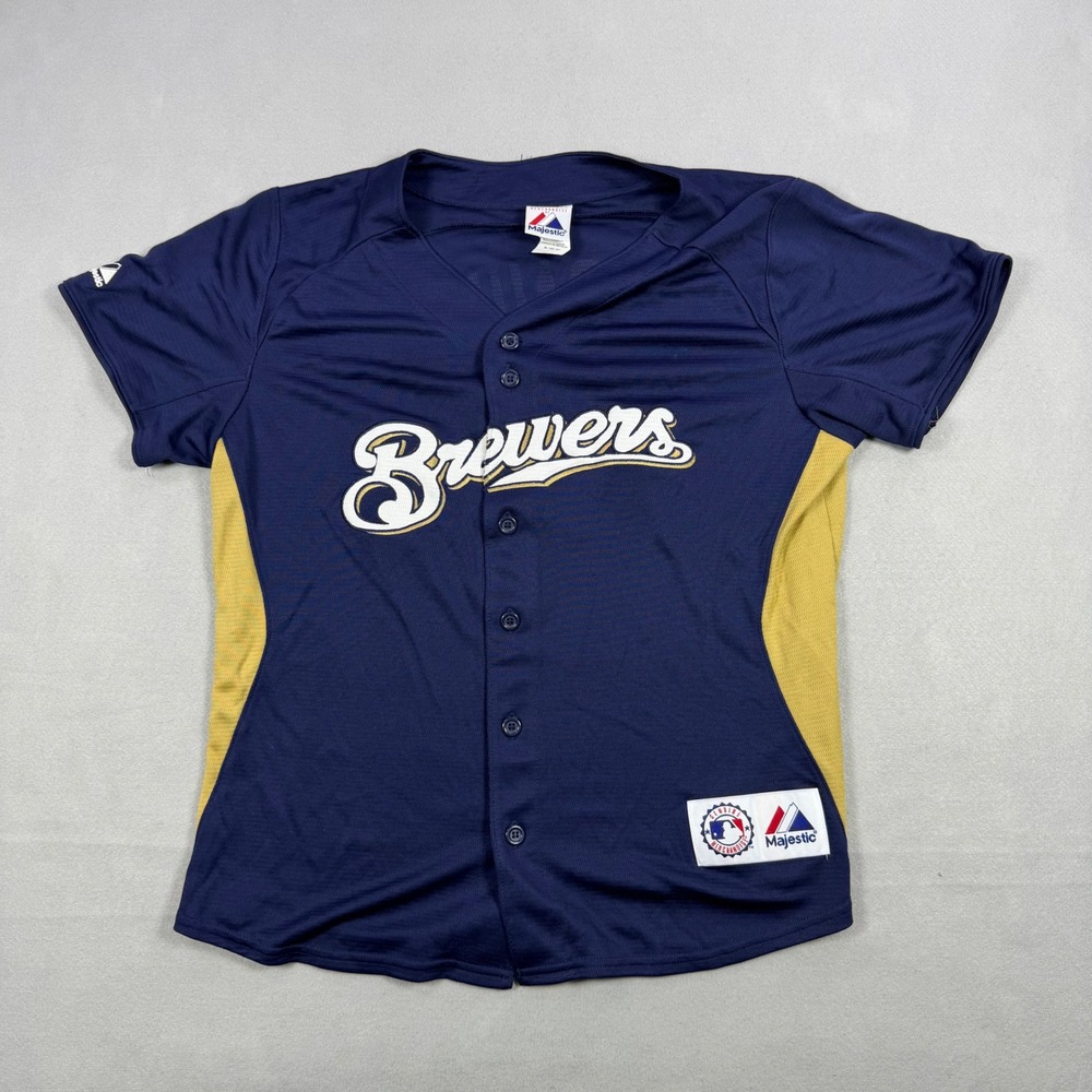 Majestic Milwaukee Brewers MLB Jersey Navy Blue Gold XL 7883 15526